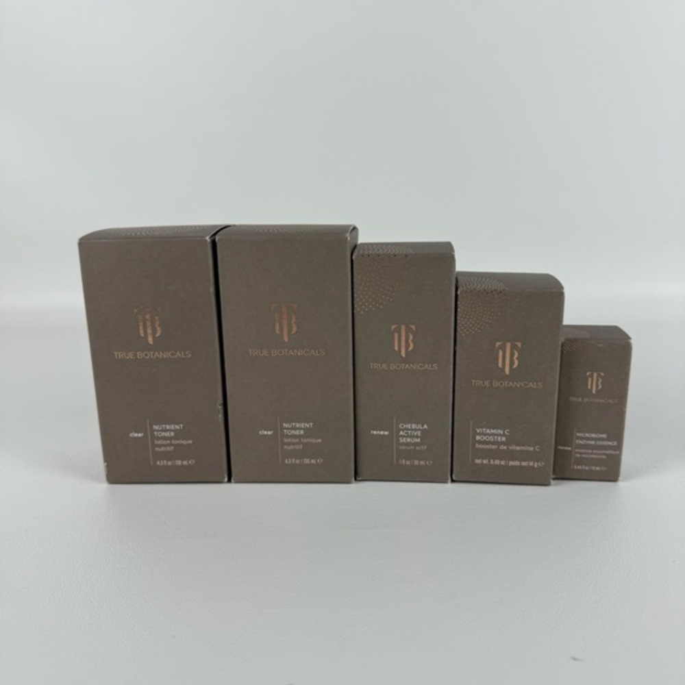 True Botanicals 5-Piece Skincare Lot: Chebula Serum, Vitamin C, Essence & Toners